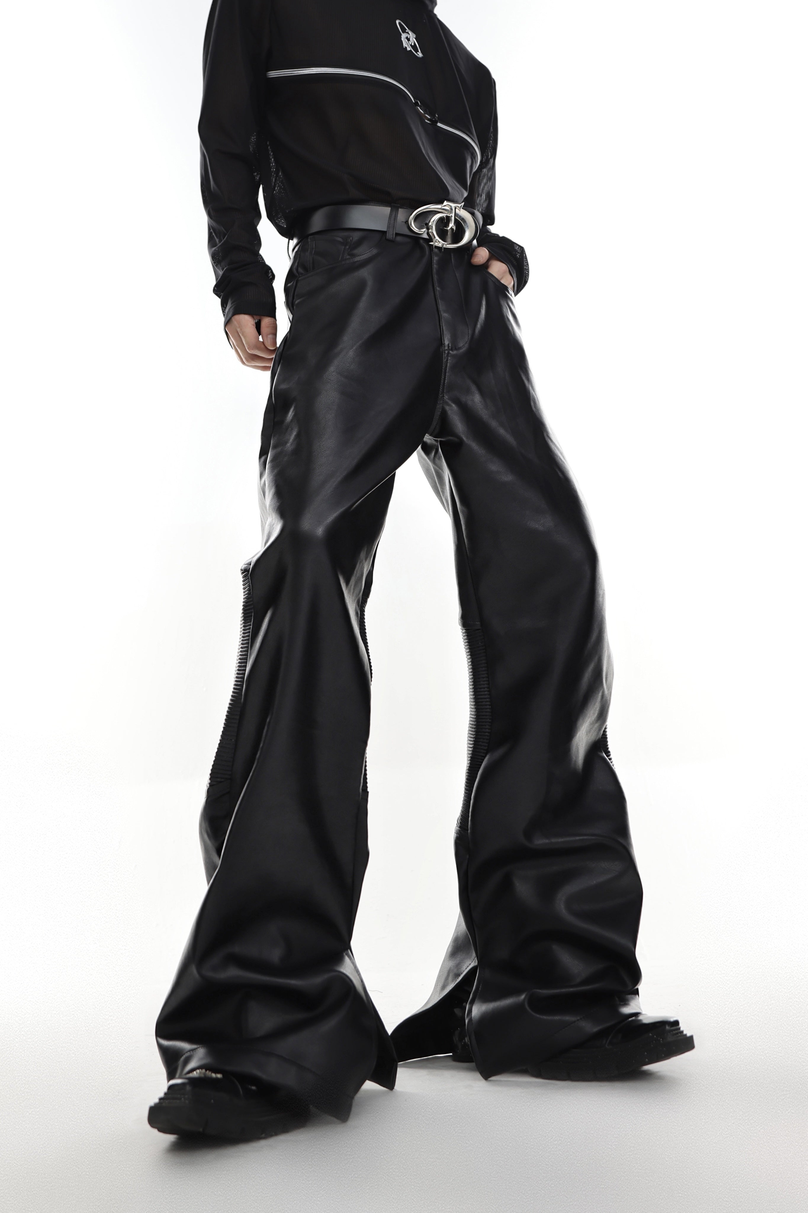 Deconstructed-Pleated-Leather-Pants---Split-Hem-Slim-Fit-Streetwear-Black-