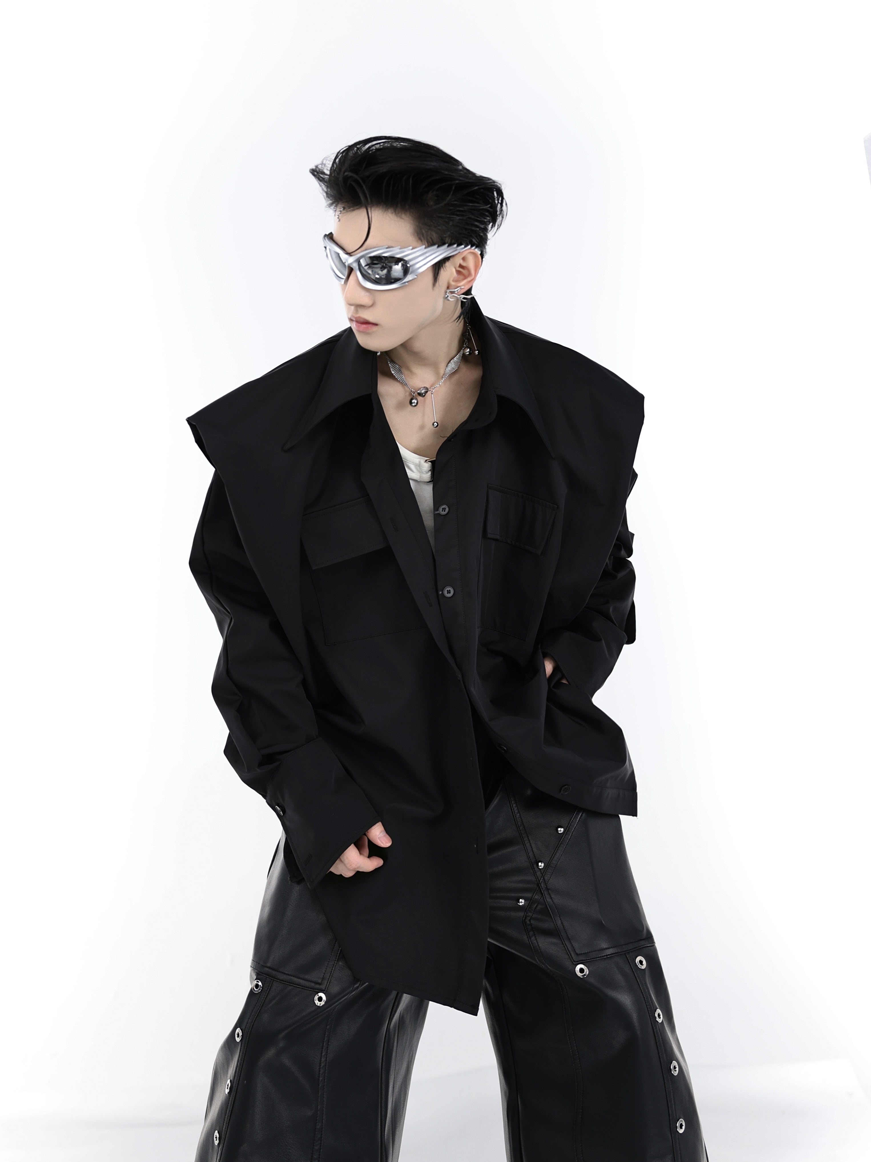 Deconstructed-Pleated-Oversized-Shirt---Streetwear-Minimalist-Top-Black