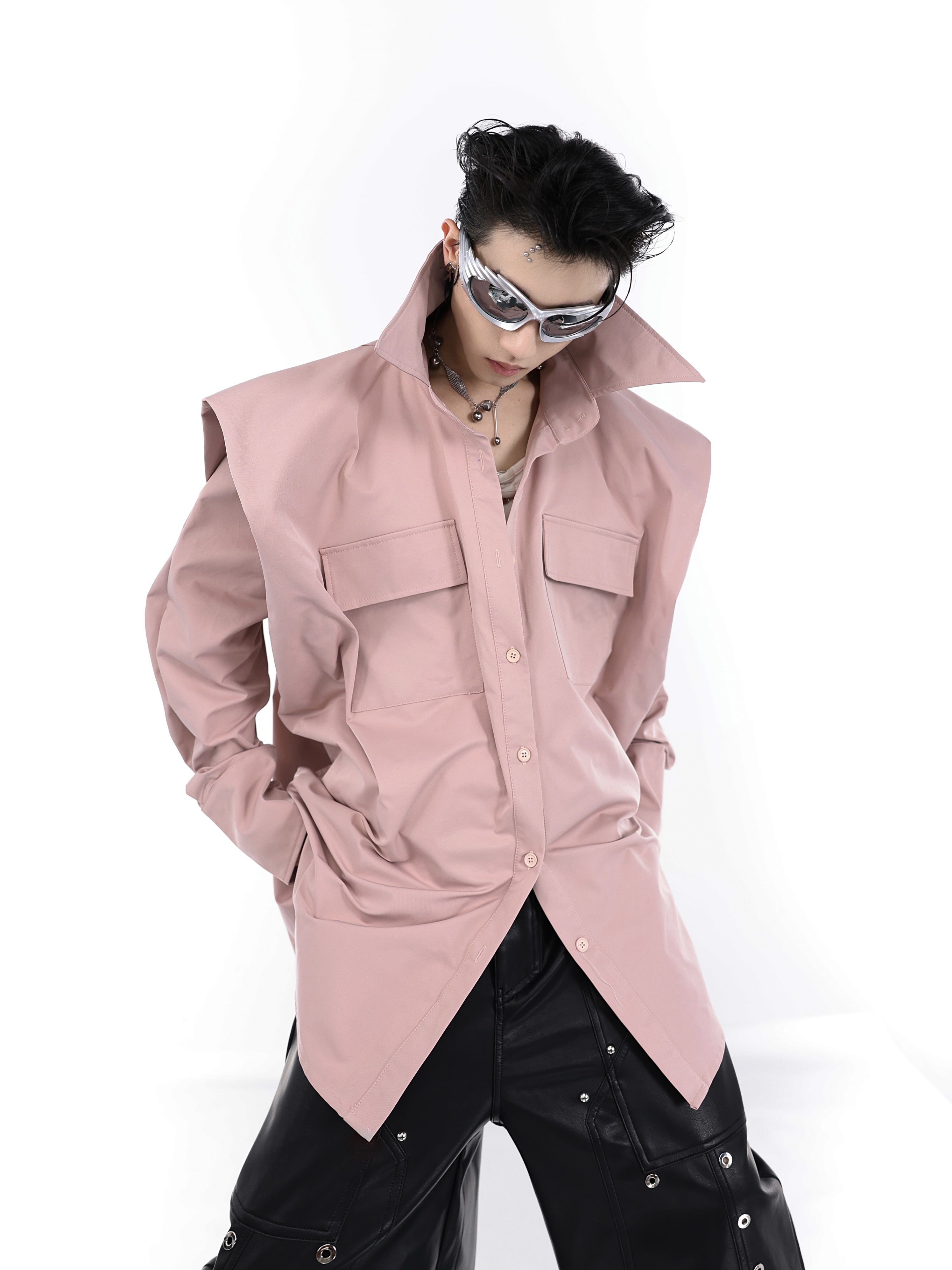 Deconstructed-Pleated-Oversized-Shirt---Streetwear-Minimalist-Top-Pink