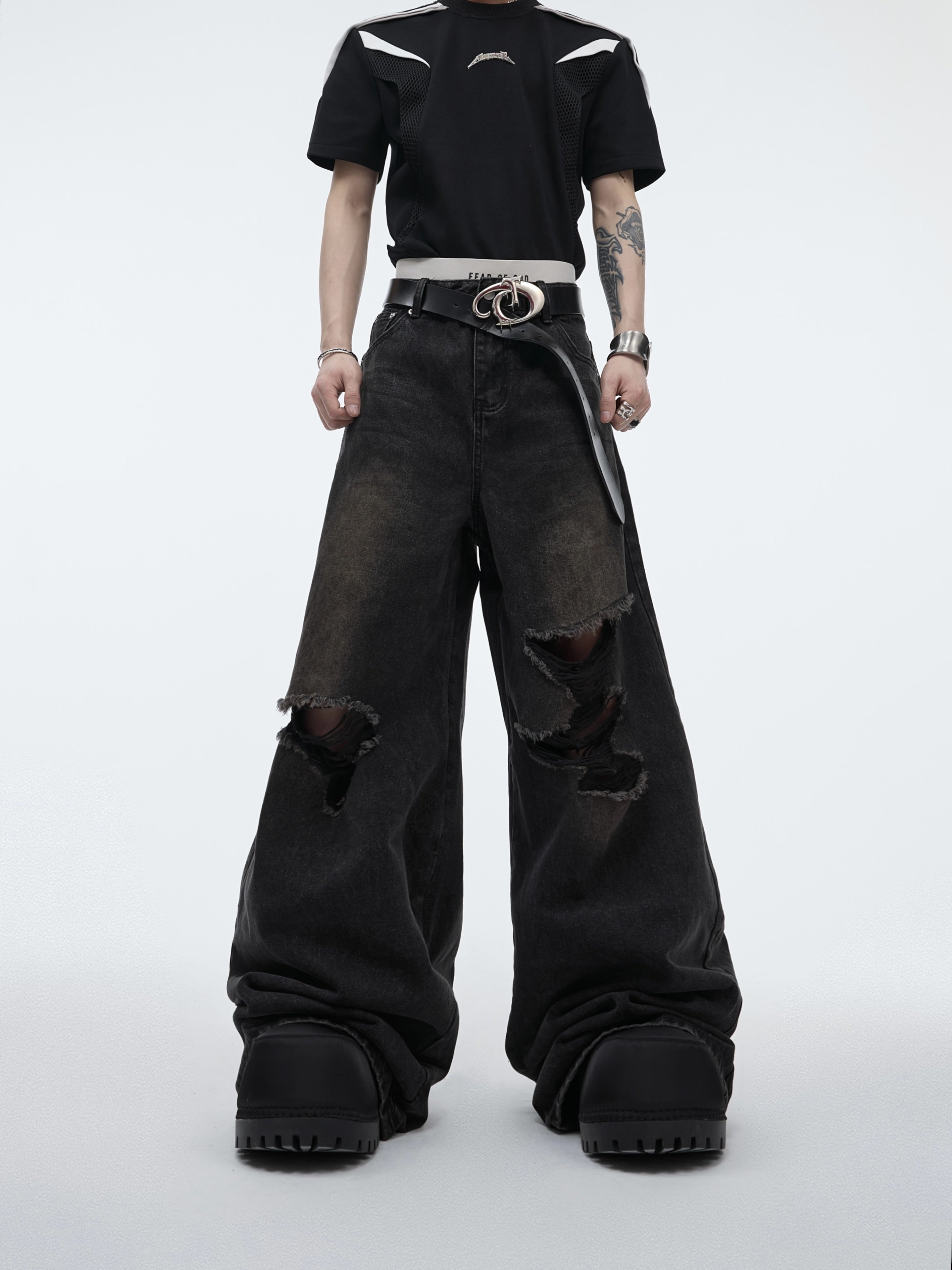 Deconstructed-Ripped-Flare-Jeans-with-Dragon-Embroidery---Streetwear-Black