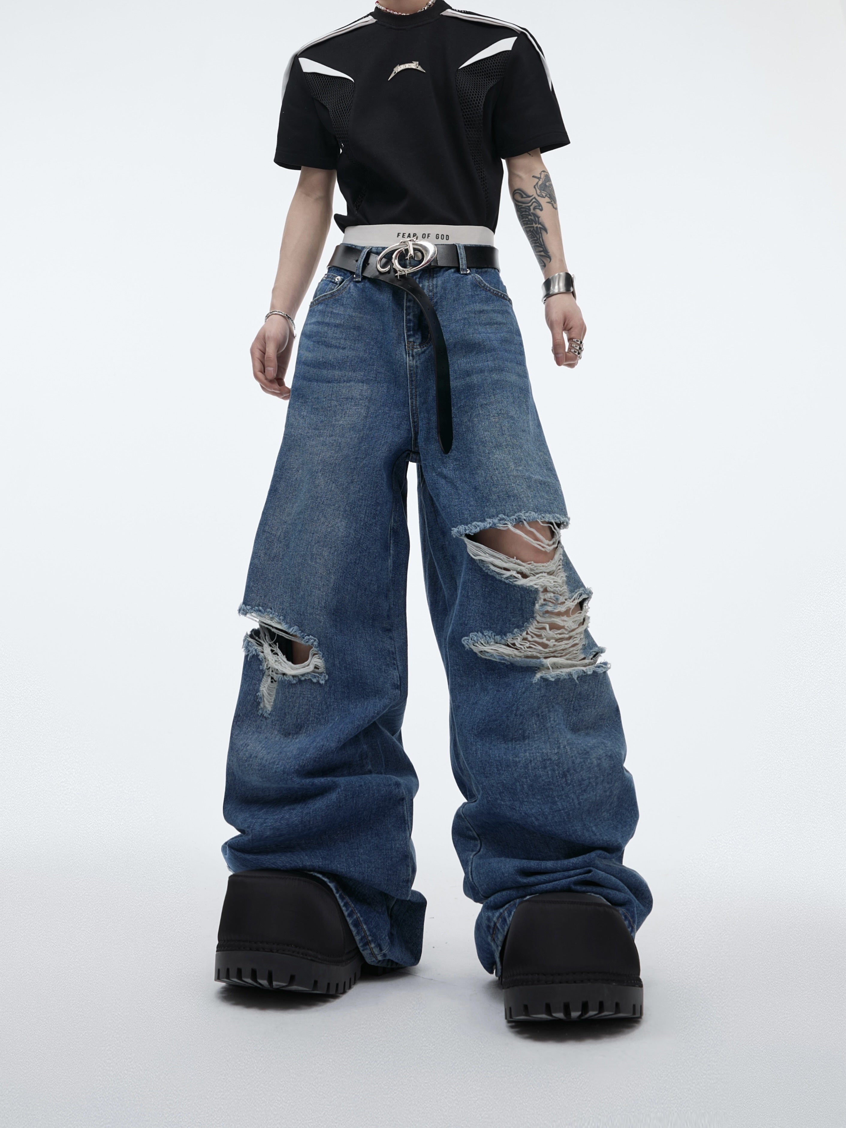 Deconstructed-Ripped-Flare-Jeans-with-Dragon-Embroidery---Streetwear-Blue