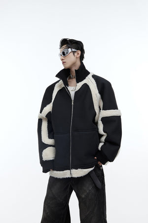 Deconstructed-Shearling-Bomber-Jacket---Faux-Fur-Collar-Streetwear-Ink-Black