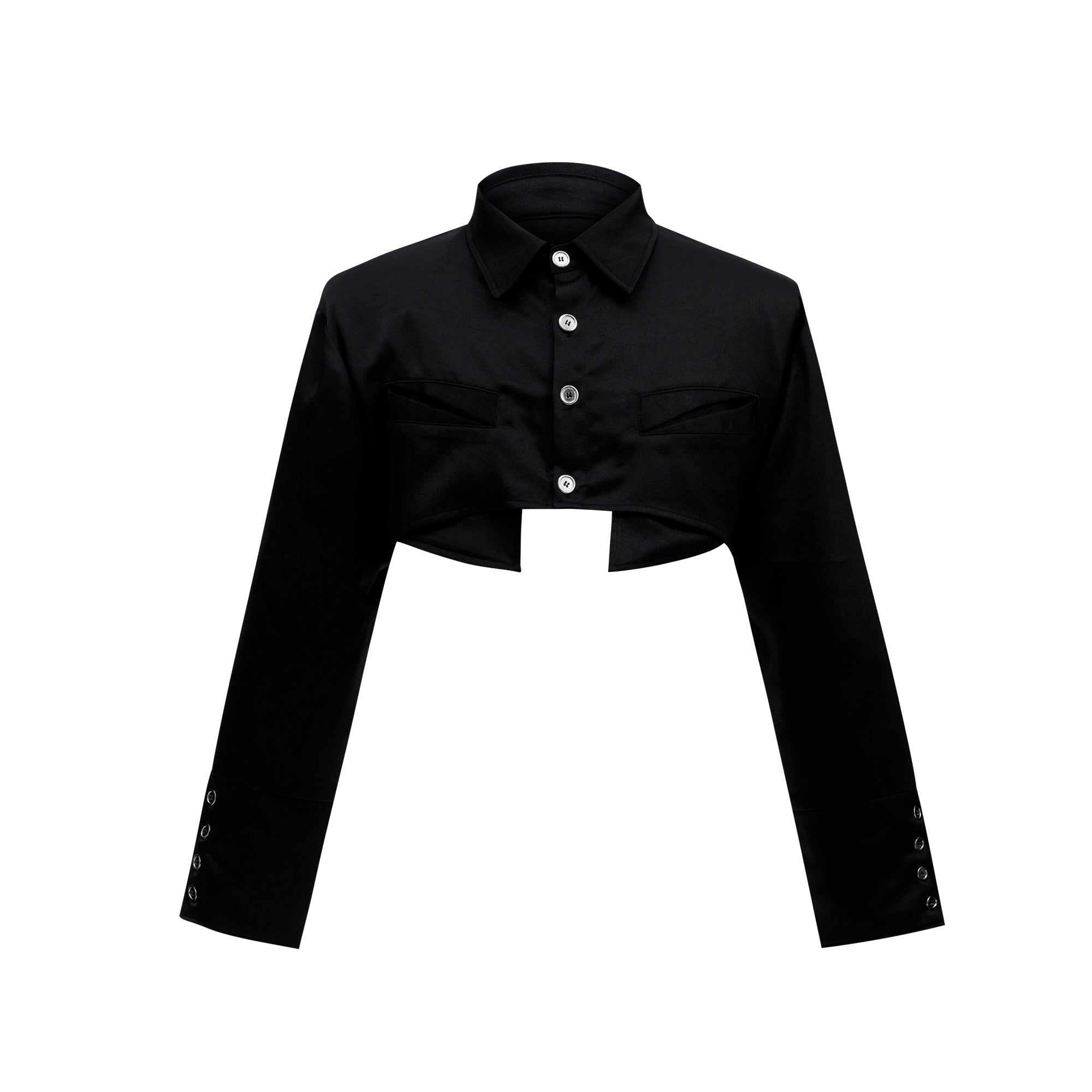 Deconstructed-Short-Satin-Shirt---Oversized-Drop-Shoulder-Trendy-Top-Black