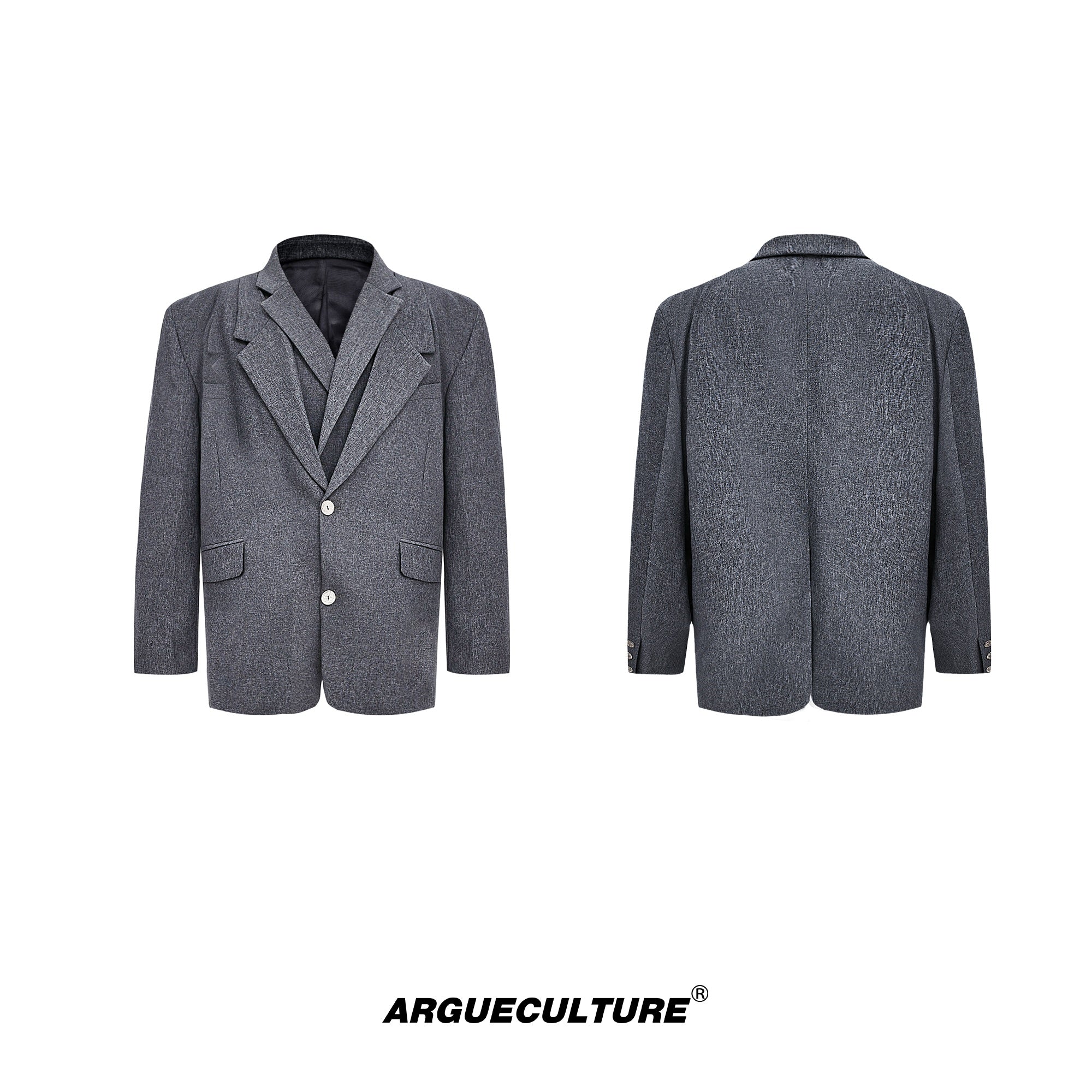 Deconstructed-Shoulder-Blazer-Set---Relaxed-Trousers--Layered-Collar-Gray-Top