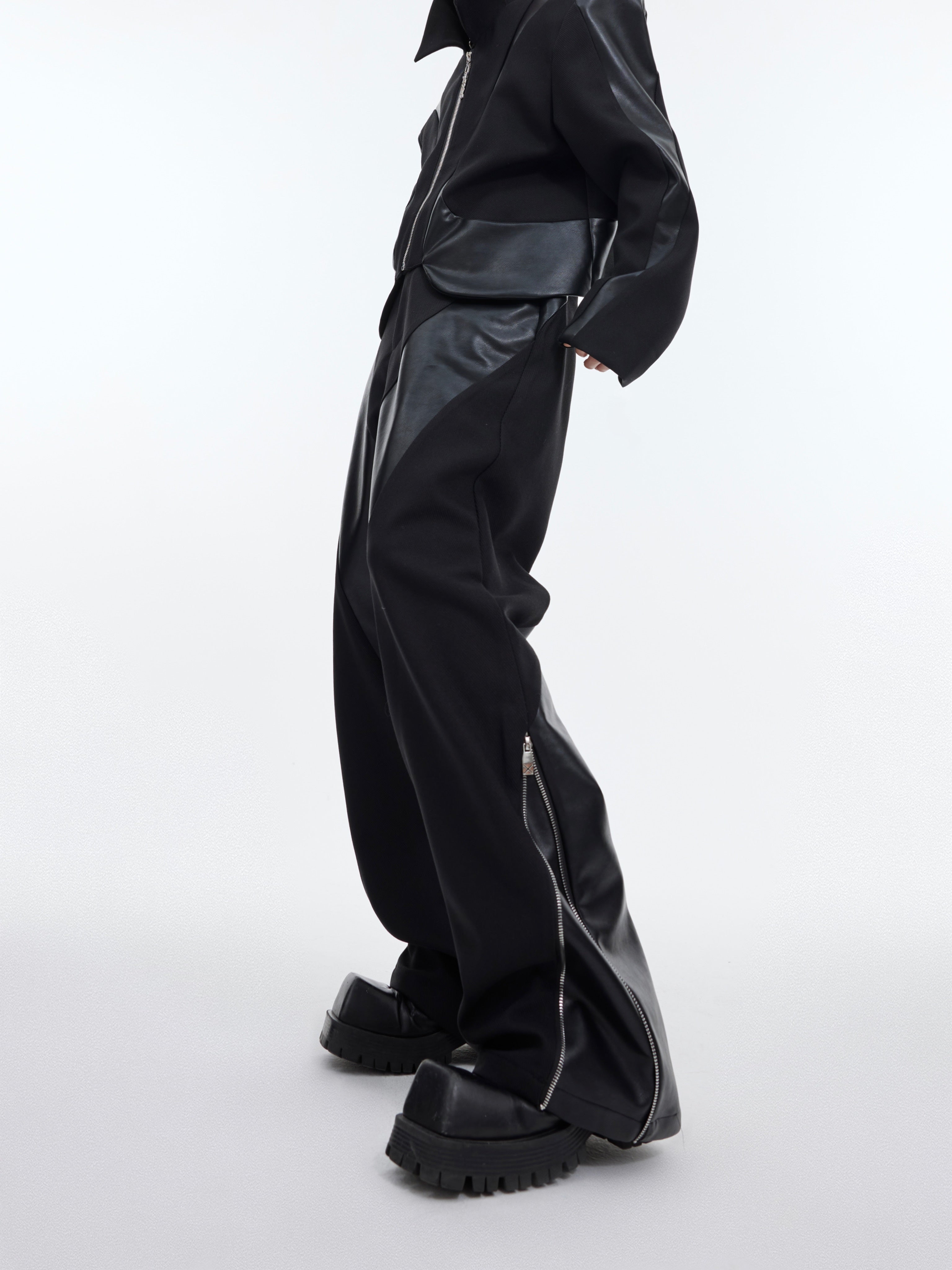 Deconstructed-Shoulder-Pad-Jacket---Twill-Blend-Leather-Trim-Suit-Black-Pants
