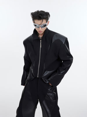 Deconstructed-Shoulder-Pad-Jacket---Twill-Blend-Leather-Trim-Suit-Black-Top