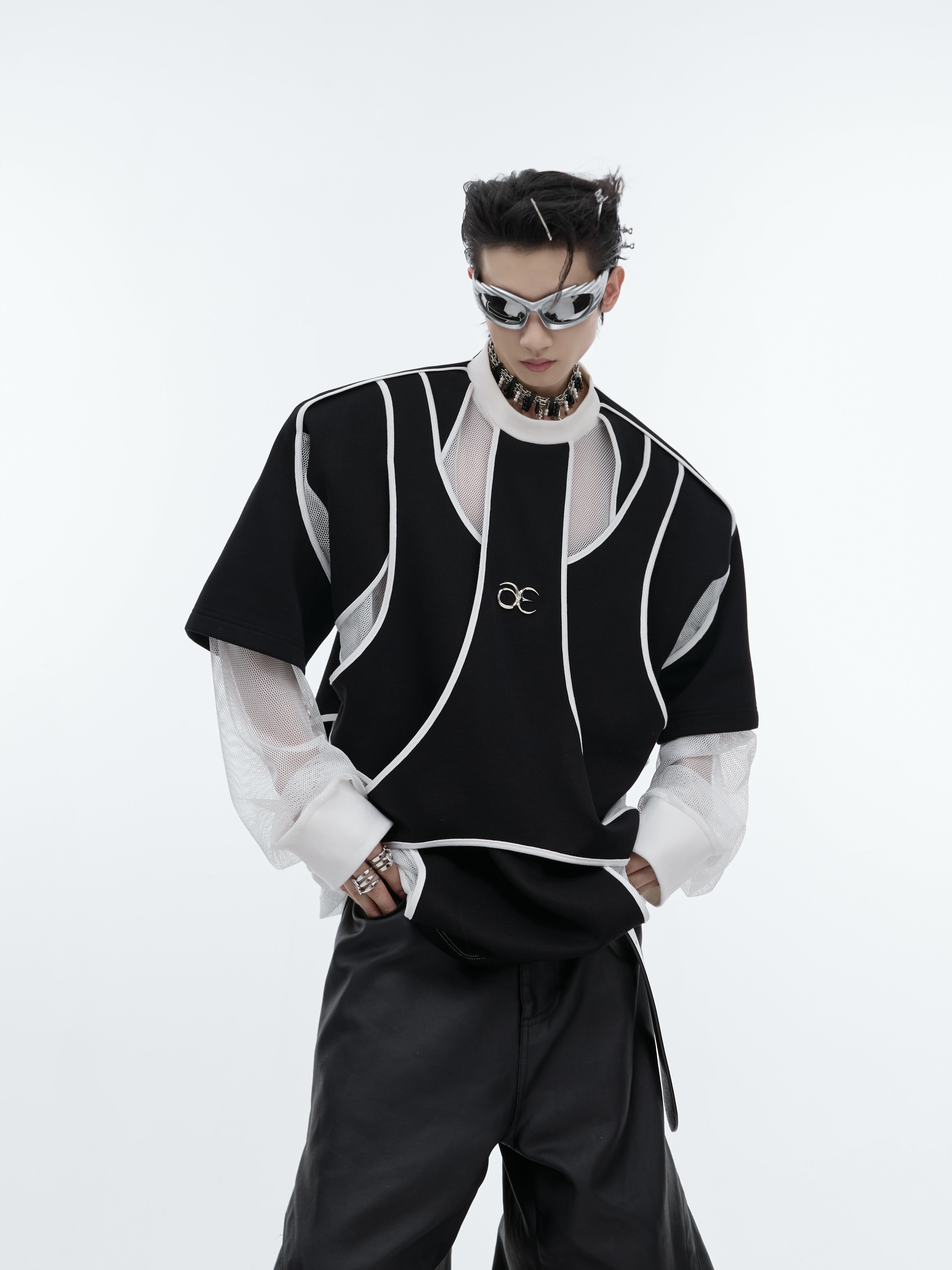 Deconstructed-Split-Hoodie---Heavyweight-Metal-Trim-Drop-Shoulder-Top-Black