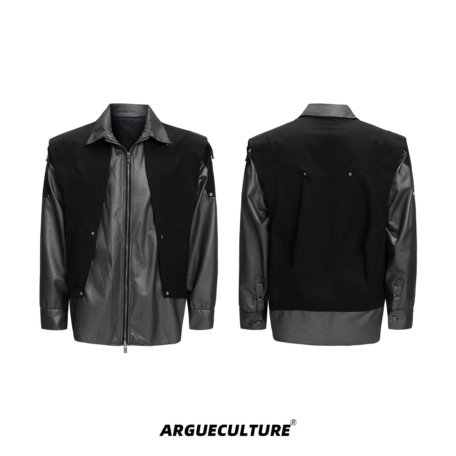Deconstructed-Utility-Shirt---Mesh-Overshirt-with-Metallic-Finish-Black-shirt