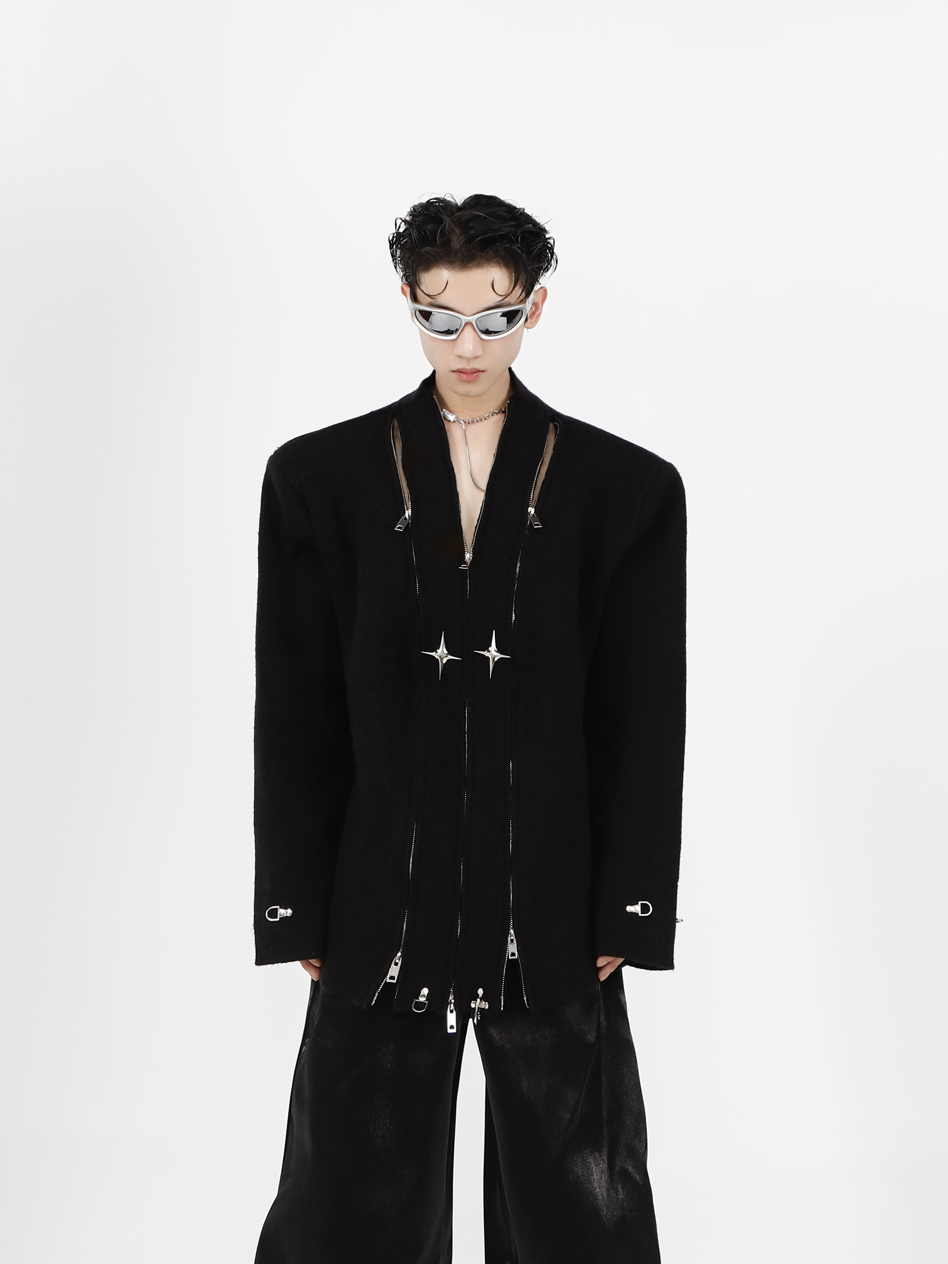 Deconstructed-V-Neck-Knit-Cardigan-with-Shoulder-Pads--Metal-Accents-Black
