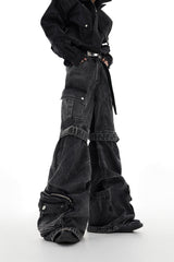 Deconstructed-Washed-Denim-Pants---Cargo-Wide-Leg-with-Straps-Black-and-Gray