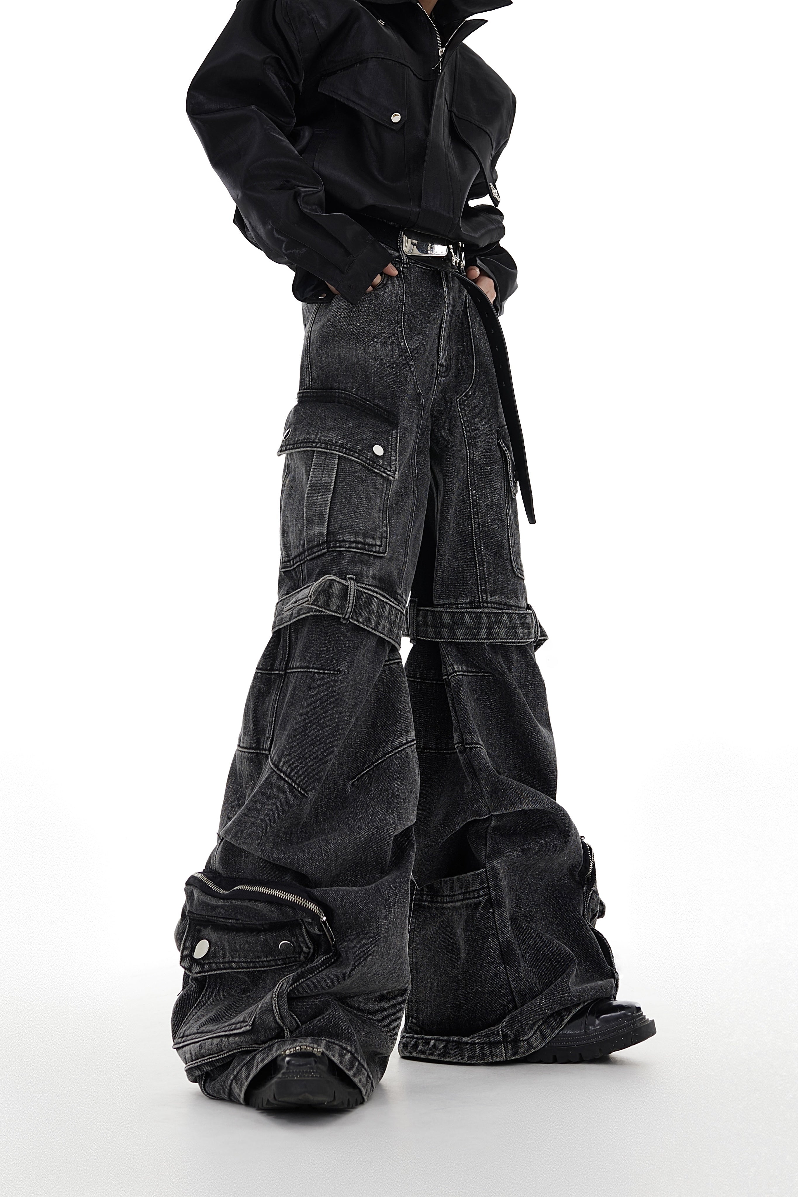 Deconstructed-Washed-Denim-Pants---Cargo-Wide-Leg-with-Straps-Black-and-Gray