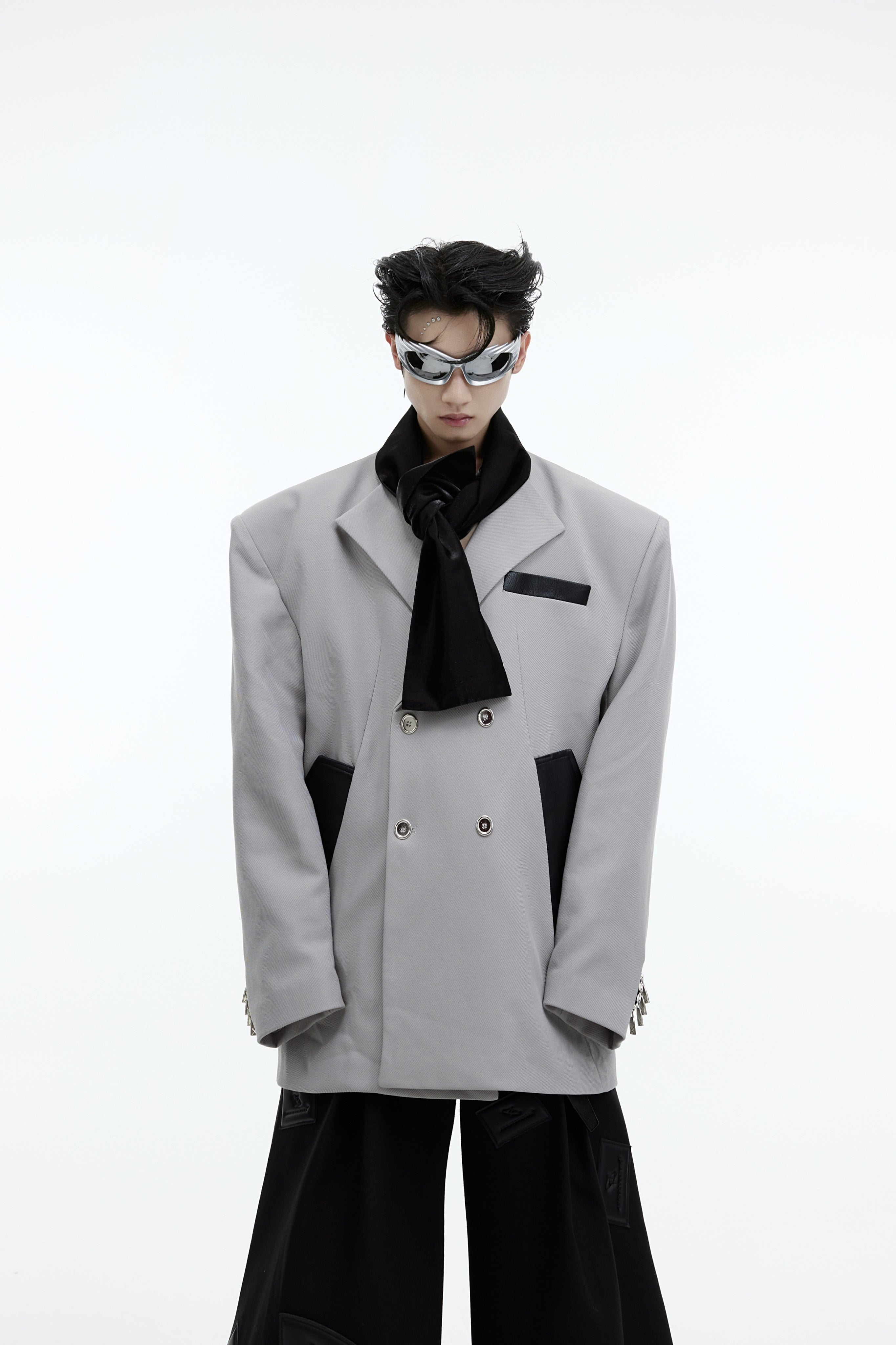 Deconstructed-Wool-Blazer---Color-Block-Tie-Design-Mens-Streetwear-Jacket-Gray-and-Black