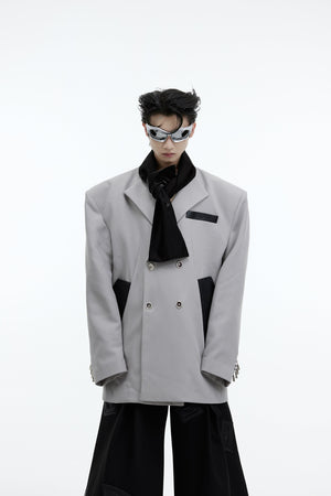 Deconstructed-Wool-Blazer---Color-Block-Tie-Design-Mens-Streetwear-Jacket-Gray-and-Black