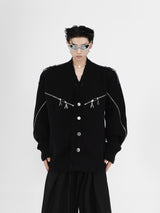 Deconstructed-Zip-Up-V-Neck-Cardigan---Distressed-Knit-Sweater-Black
