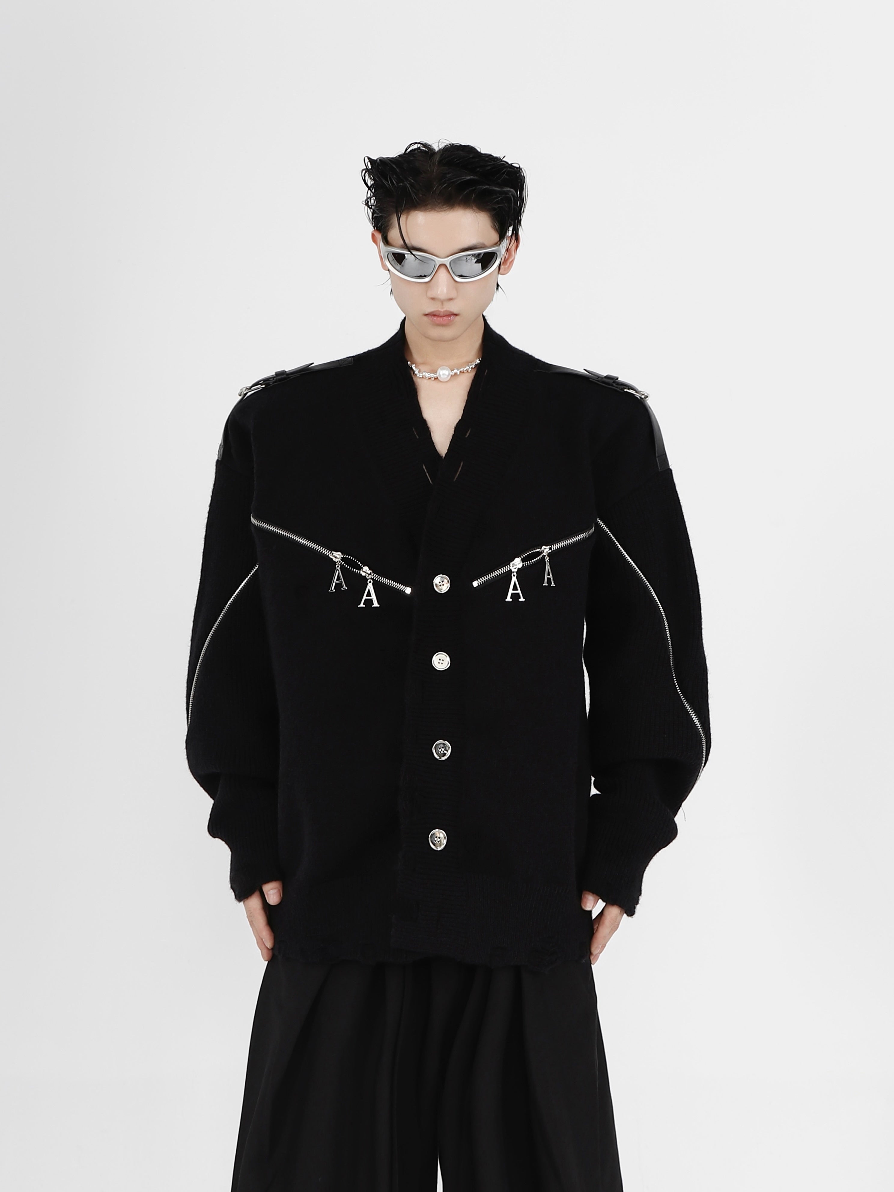 Deconstructed-Zip-Up-V-Neck-Cardigan---Distressed-Knit-Sweater-Black