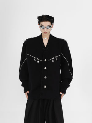 Deconstructed-Zip-Up-V-Neck-Cardigan---Distressed-Knit-Sweater-Black