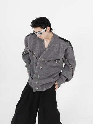 Deconstructed-Zip-Up-V-Neck-Cardigan---Distressed-Knit-Sweater-Gray