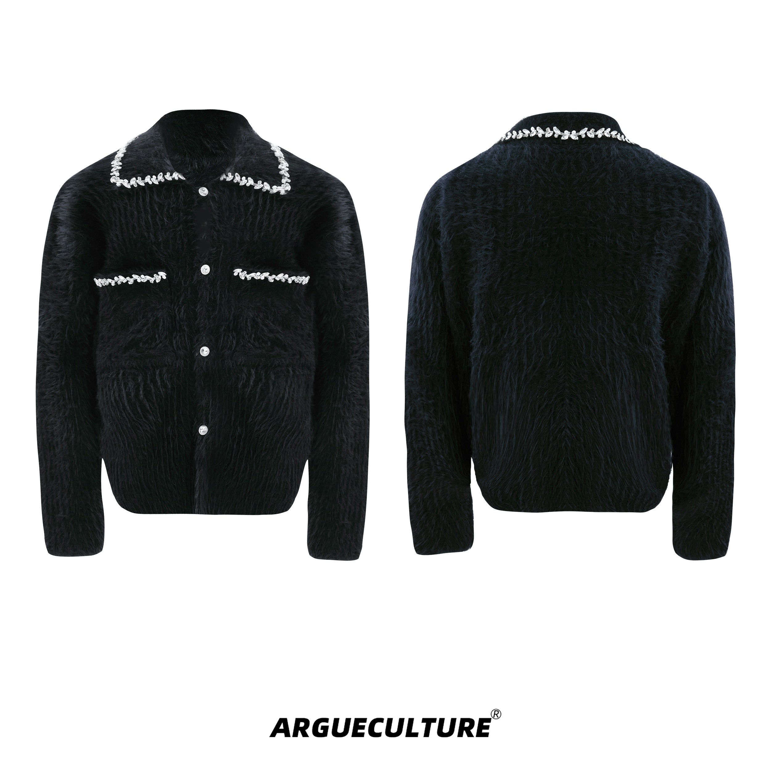 Diamond-Trimmed-Faux-Fur-Patchwork-Cardigan---Oversized-Mens-Sweater-Black-Jacket
