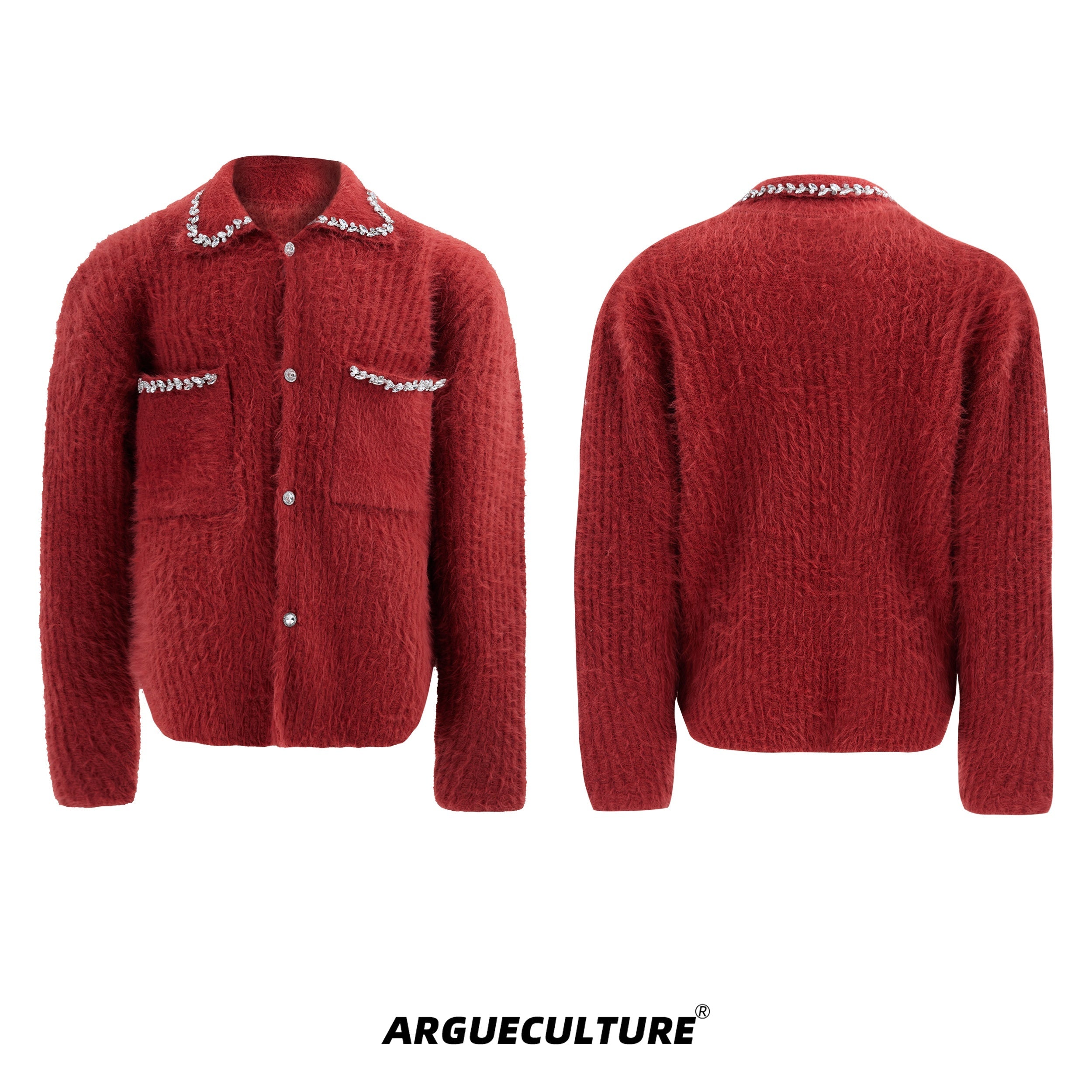 Diamond-Trimmed-Faux-Fur-Patchwork-Cardigan---Oversized-Mens-Sweater-Red-Jacket
