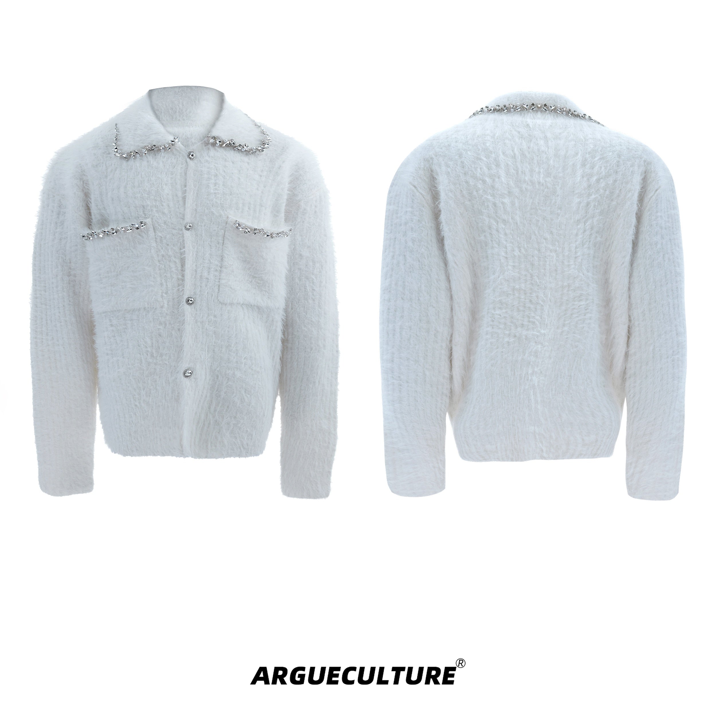 Diamond-Trimmed-Faux-Fur-Patchwork-Cardigan---Oversized-Mens-Sweater-White-Jacket
