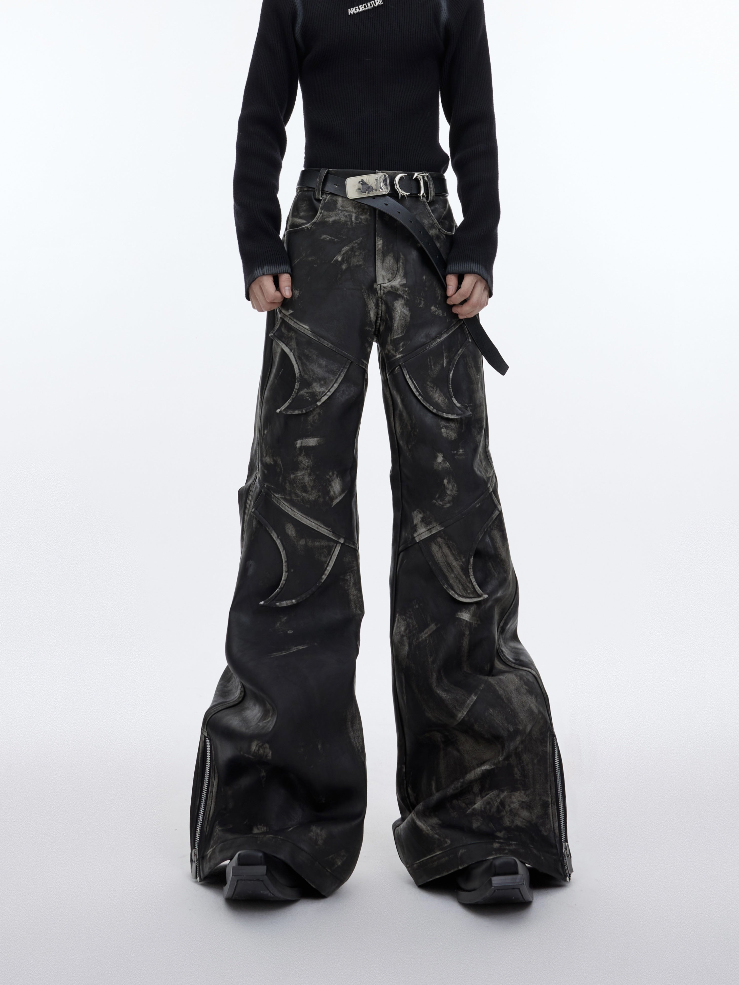Distressed-Deconstructed-Leather-Pants---Vintage-Flared-Fit-Black