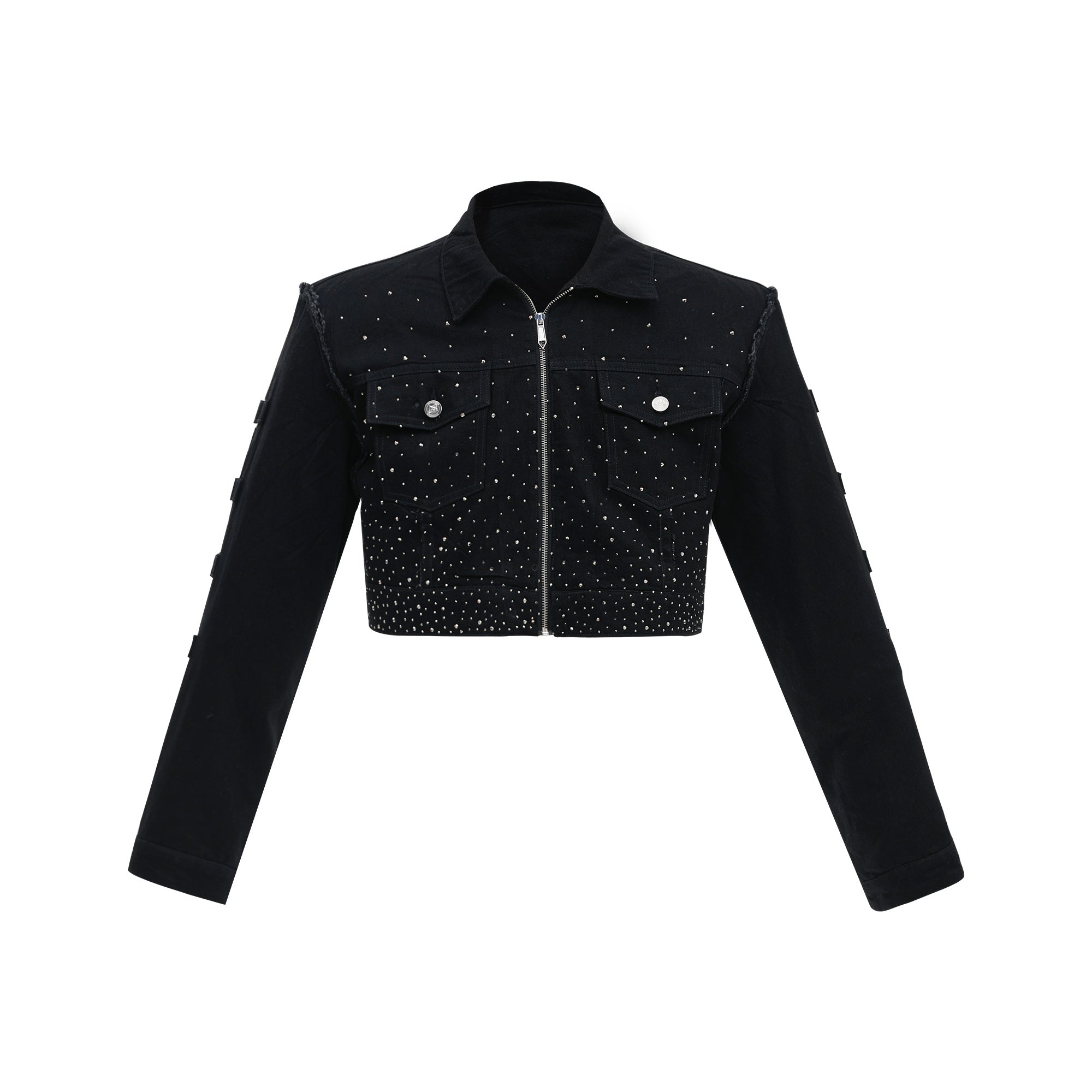 Distressed-Denim-Jacket---Cropped-Fit---Shoulder-Pads---Rhinestone-Design-Black