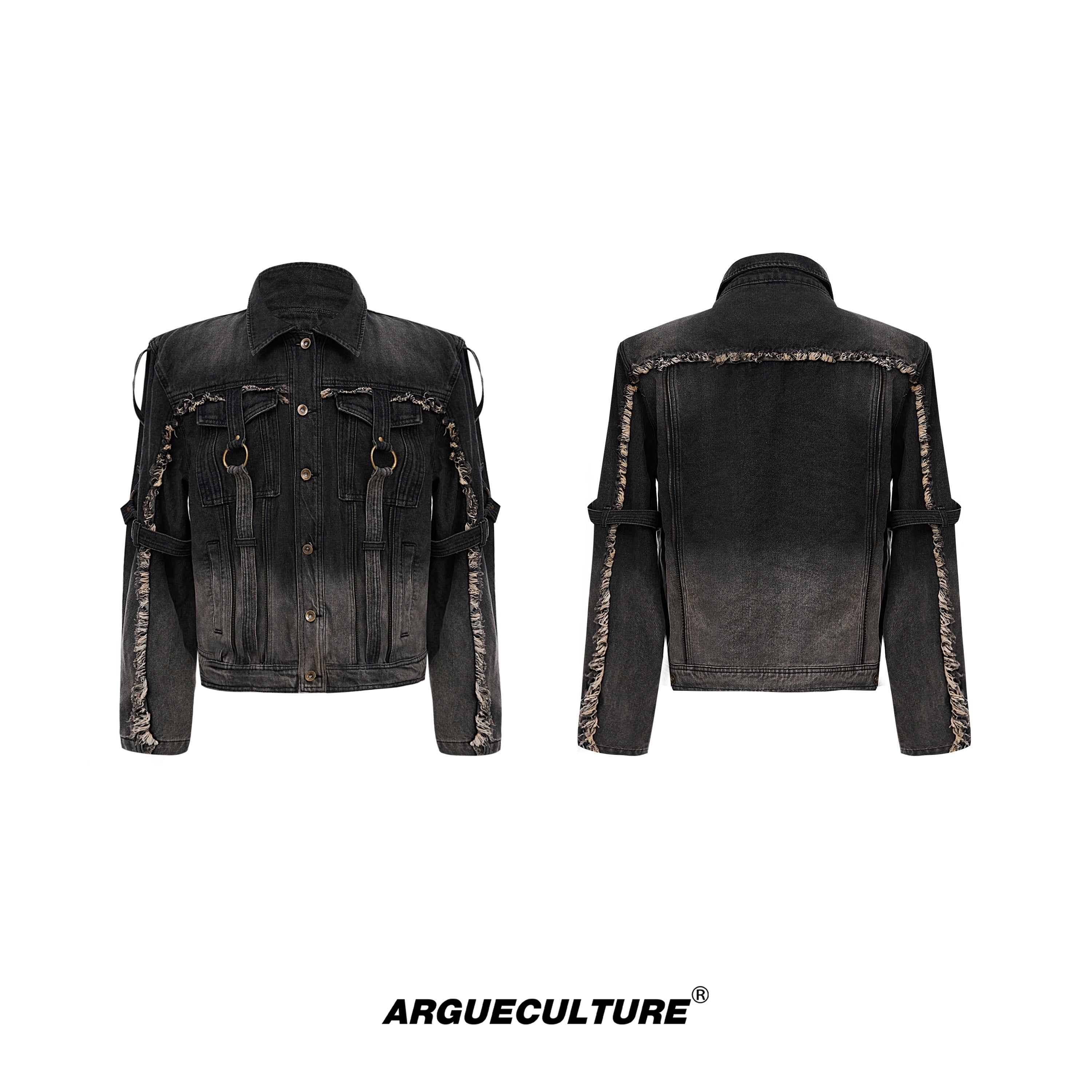Distressed-Denim-Jacket---Frayed-Hem-Deconstructed-Straps-Washed-Fade-Black