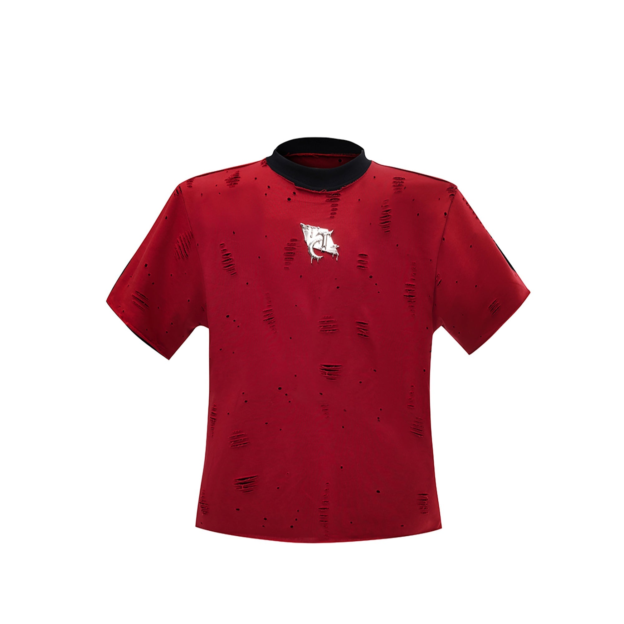 Distressed-Oversized-Tee---Faux-Two-Layer-Design-with-Metal-Accents-Red