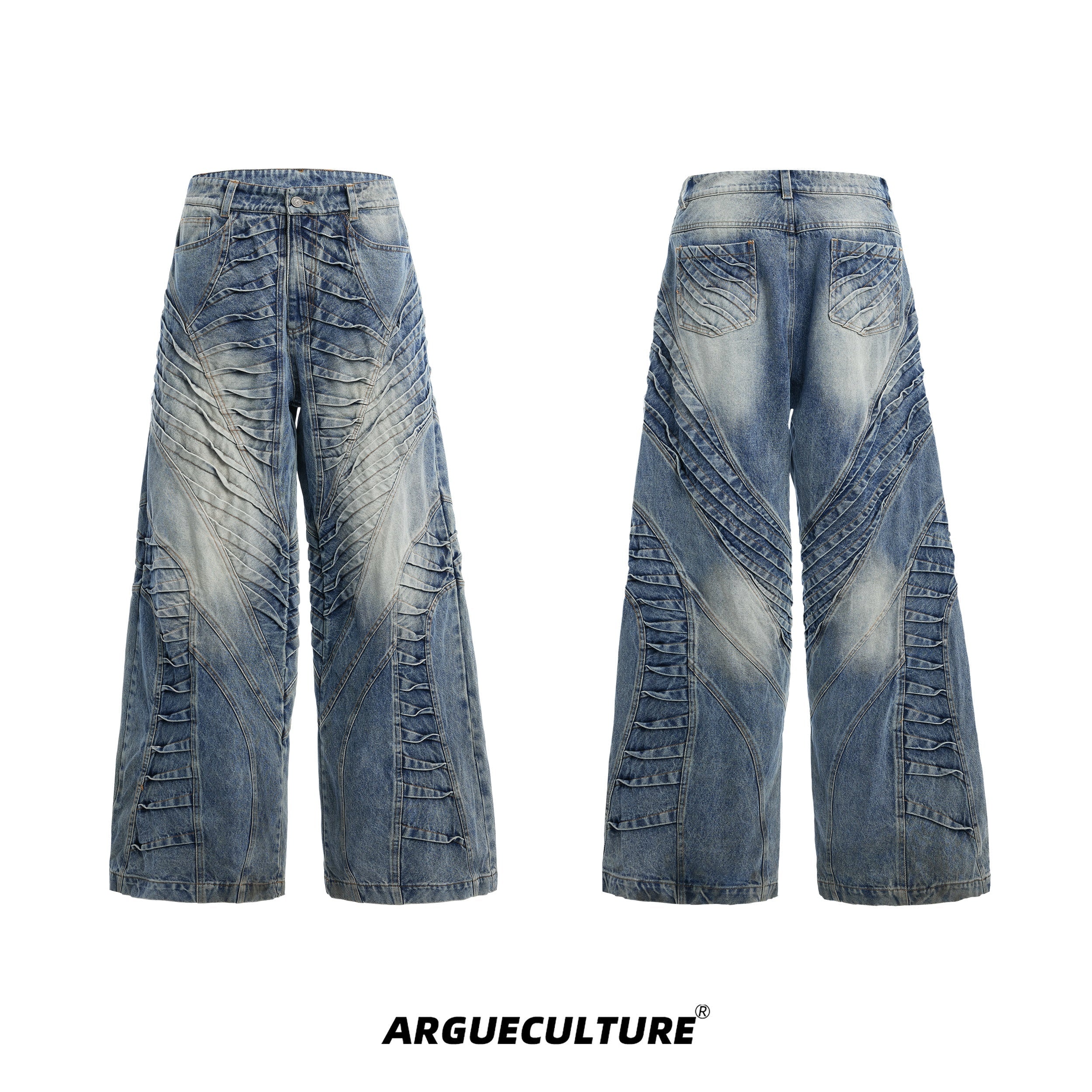 Distressed-Relaxed-Fit-Jeans---Vintage-Washed-Wide-Leg-Pants-Blue