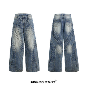 Distressed-Relaxed-Fit-Jeans---Vintage-Washed-Wide-Leg-Pants-Blue