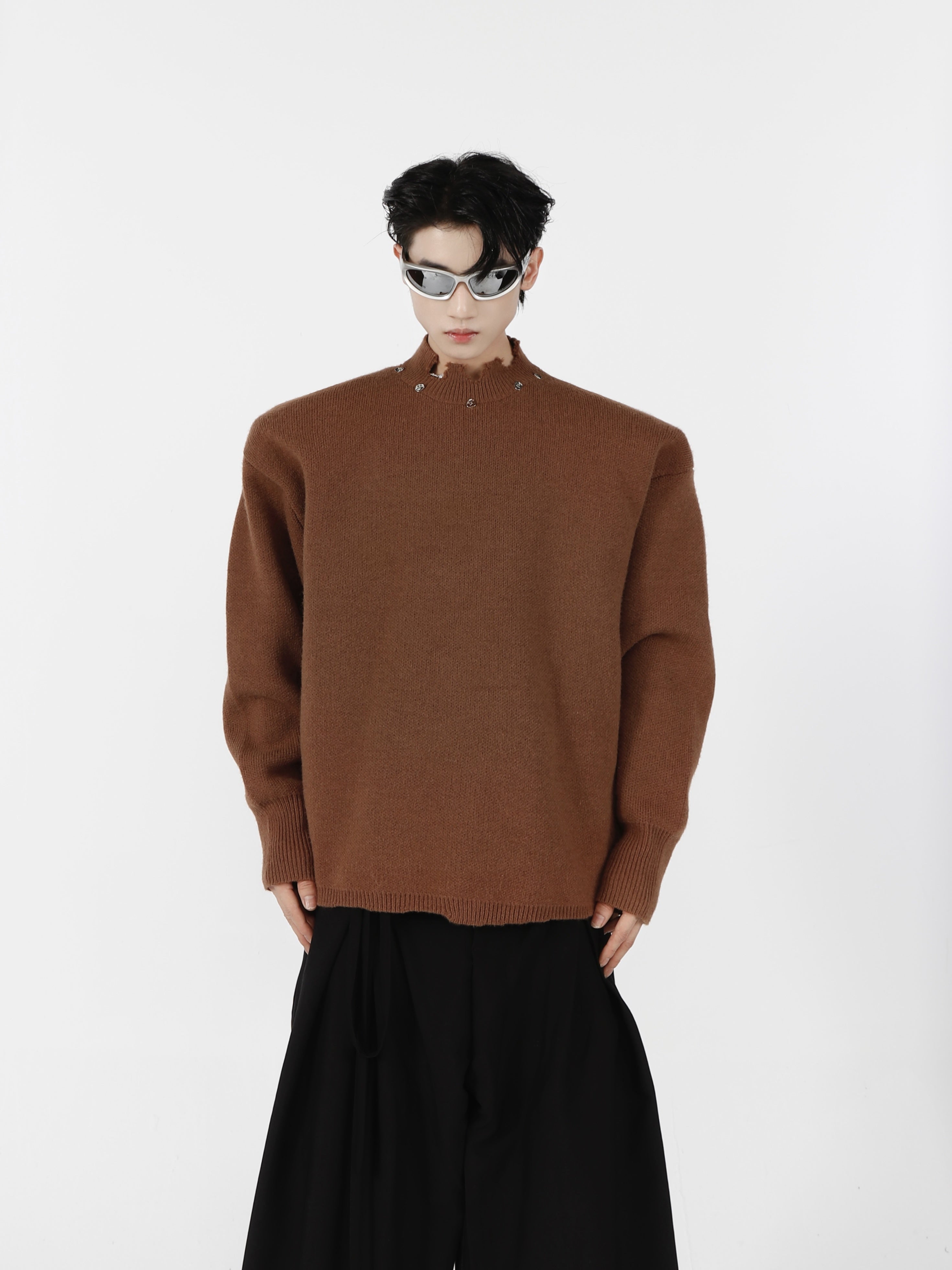 Distressed-Shoulder-Pad-Sweater-with-Metal-Accents---Streetwear-Top-Dark-Brown