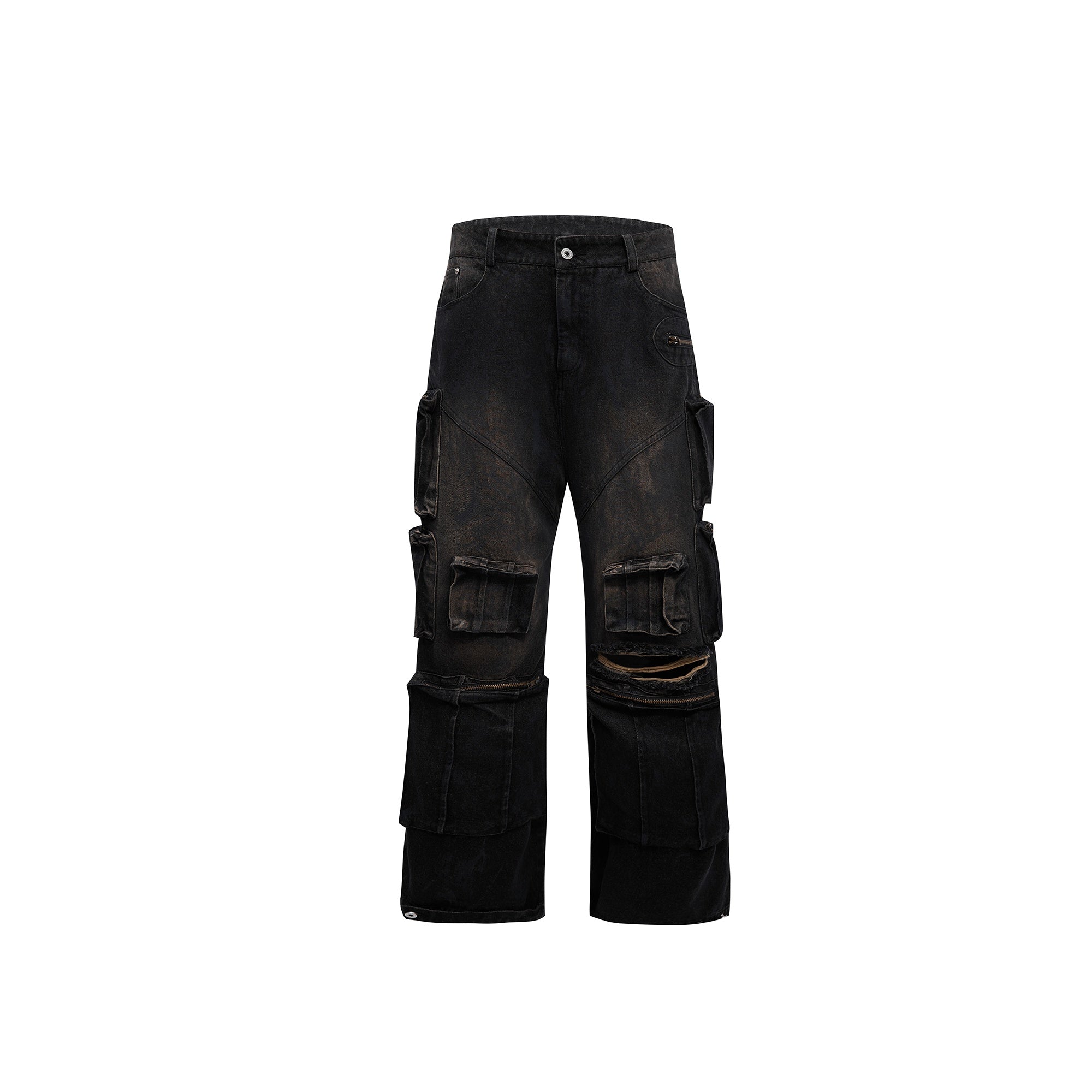 Distressed-Straight-Leg-Jeans-with-Hand-Painted-Details--Multi-Pockets-Black