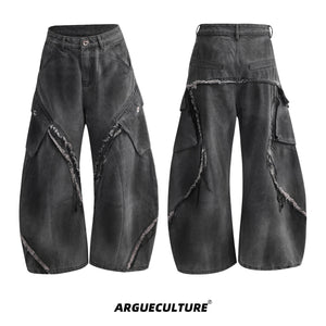 Distressed-Vintage-Wide-Leg-Jeans---Relaxed-Fit-Raw-Hem-Black-Bottoms
