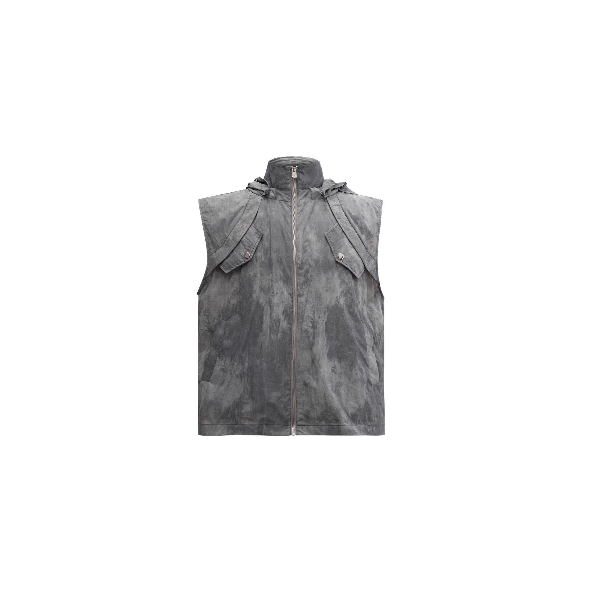 Distressed-Wasteland-Vest---Sleeveless-Cargo-Streetwear-Top-Gray-Top-（(Removable Hat)）