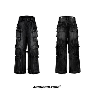 Distressed-Wide-Leg-Jeans---Raw-Hem-Cargo-Pants-with-Drawstrings-Black