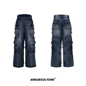 Distressed-Wide-Leg-Jeans---Raw-Hem-Cargo-Pants-with-Drawstrings-Blue