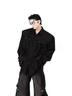 Edgy-Metal-Studded-Shoulder-Pad-Shirt---Wrinkle-Design-Open-Front-Black