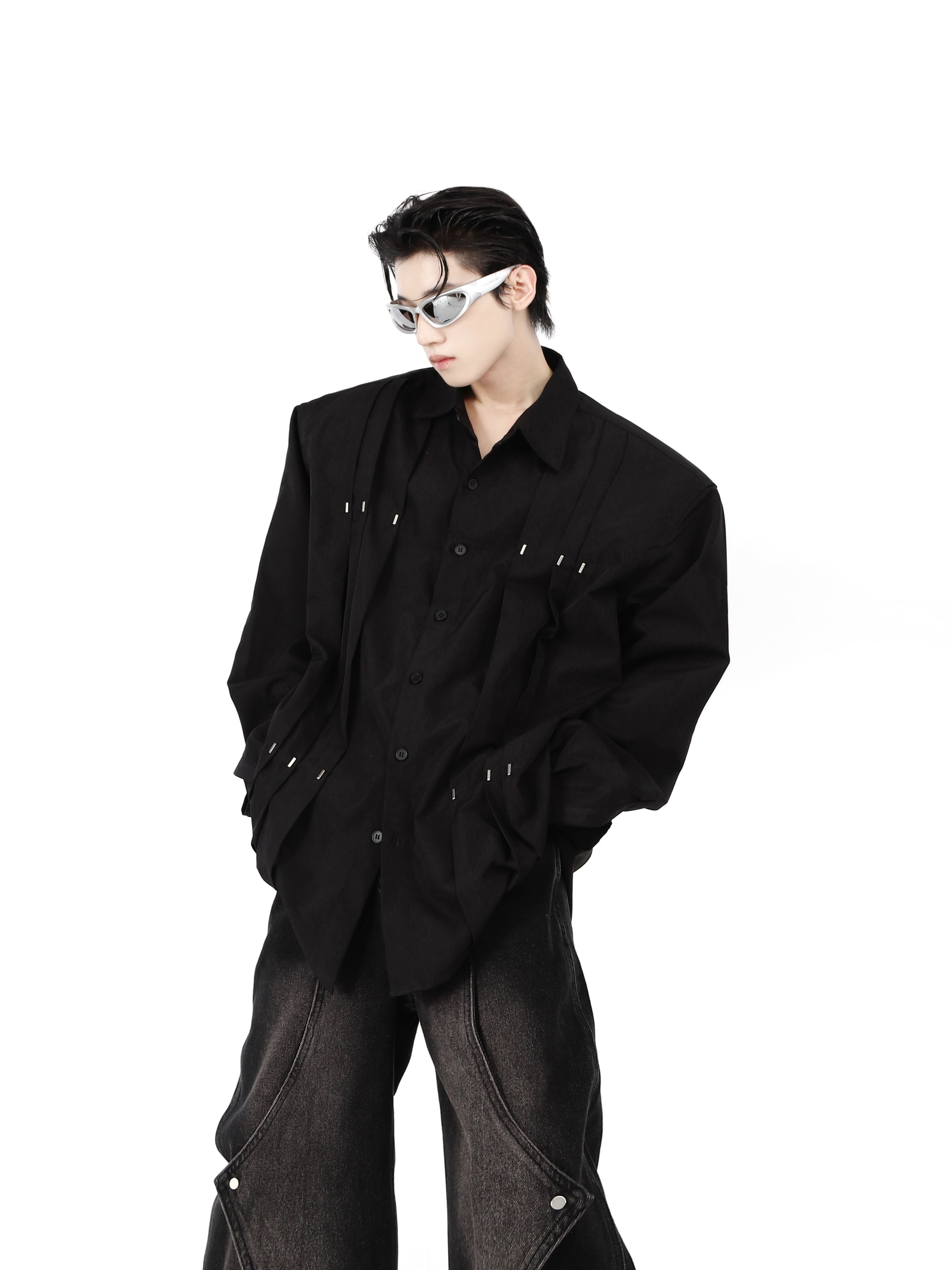 Edgy-Metal-Studded-Shoulder-Pad-Shirt---Wrinkle-Design-Open-Front-Black