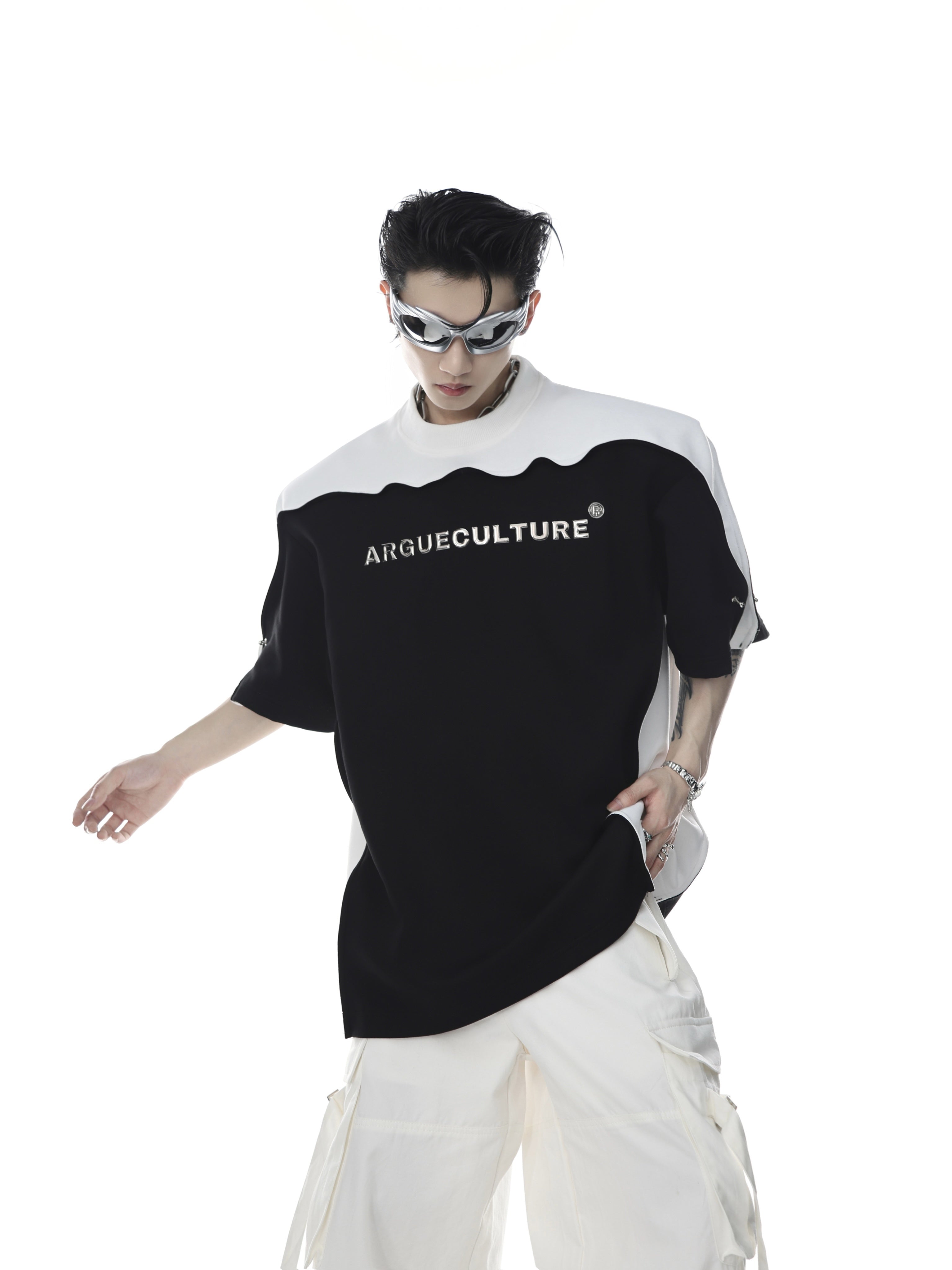 Edgy-Patchwork-Tee-with-3D-Metallic-Print-Wave-Sleeve-Design-Black-White