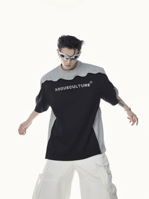 Edgy-Patchwork-Tee-with-3D-Metallic-Print-Wave-Sleeve-Design-Gray