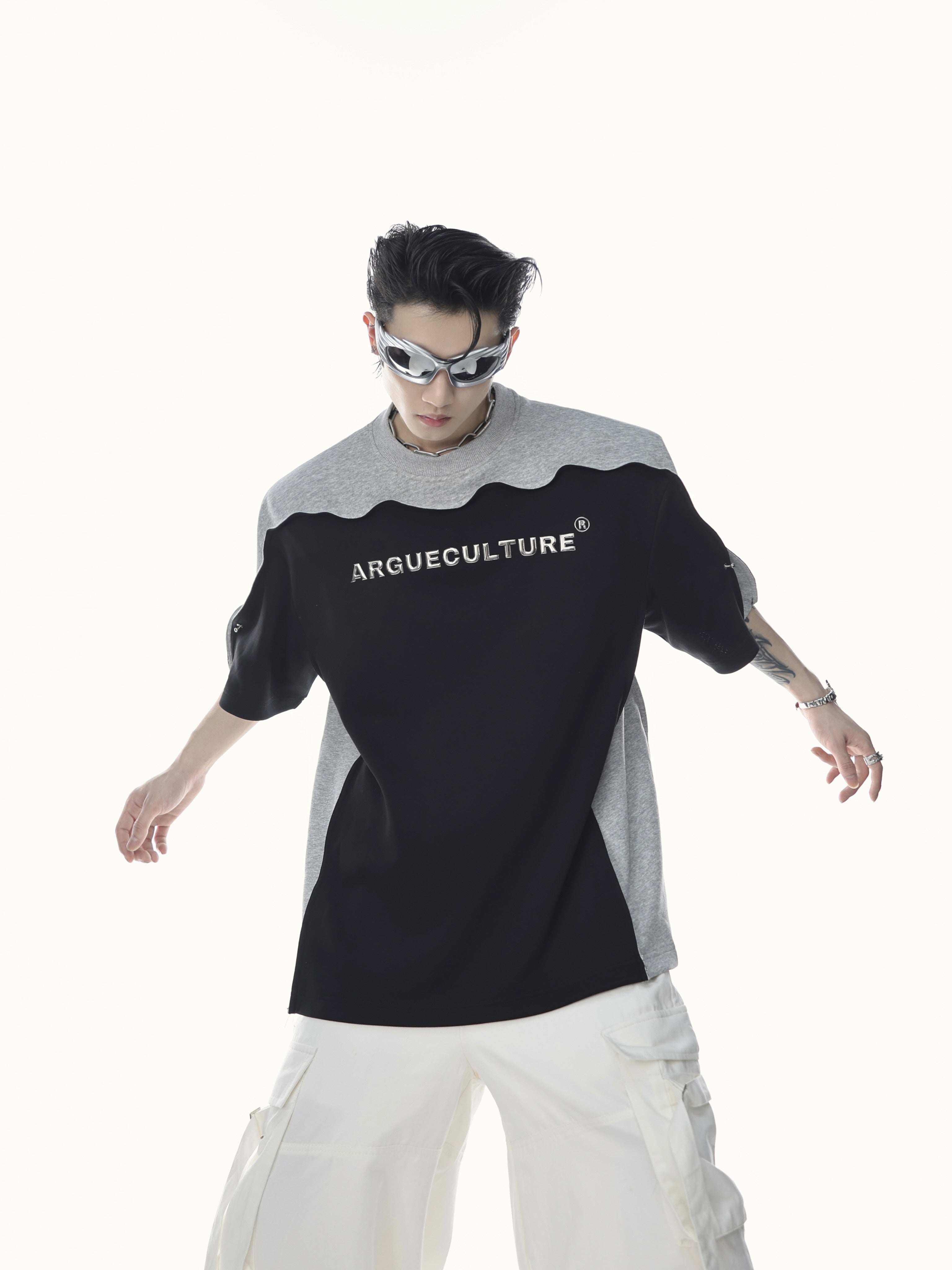 Edgy-Patchwork-Tee-with-3D-Metallic-Print-Wave-Sleeve-Design-Gray