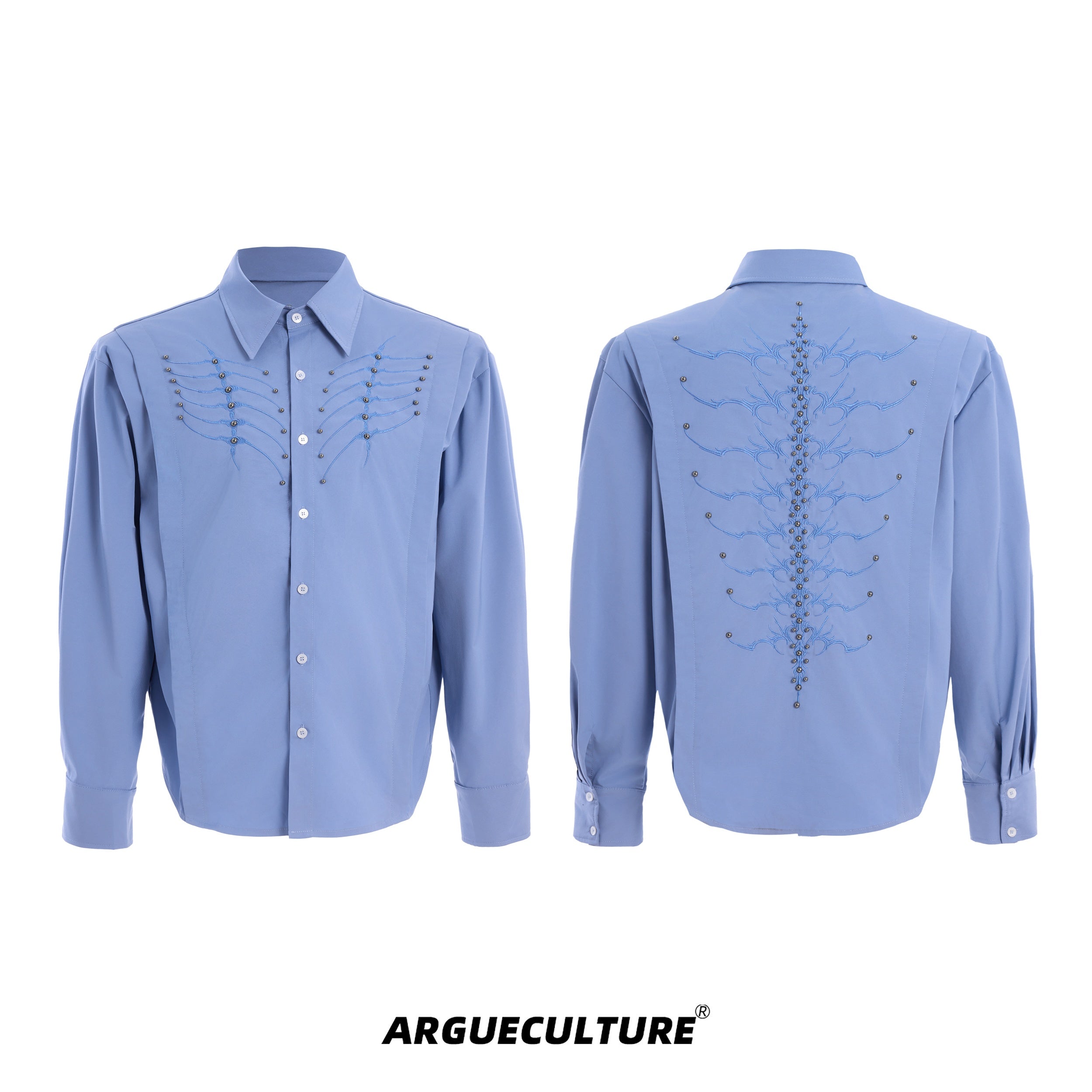 Embroidered-Studded-Spine-Shirt---Streetwear-Long-Sleeve-Top-Blue-shirt