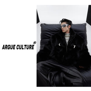 Faux-Fur-Stand-Collar-Short-Coat---Plush-Streetwear-Jacket-Black