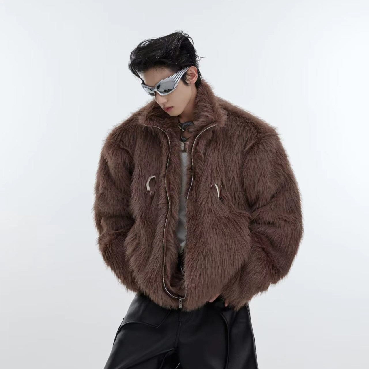 Faux-Fur-Stand-Collar-Short-Coat---Plush-Streetwear-Jacket-Brown