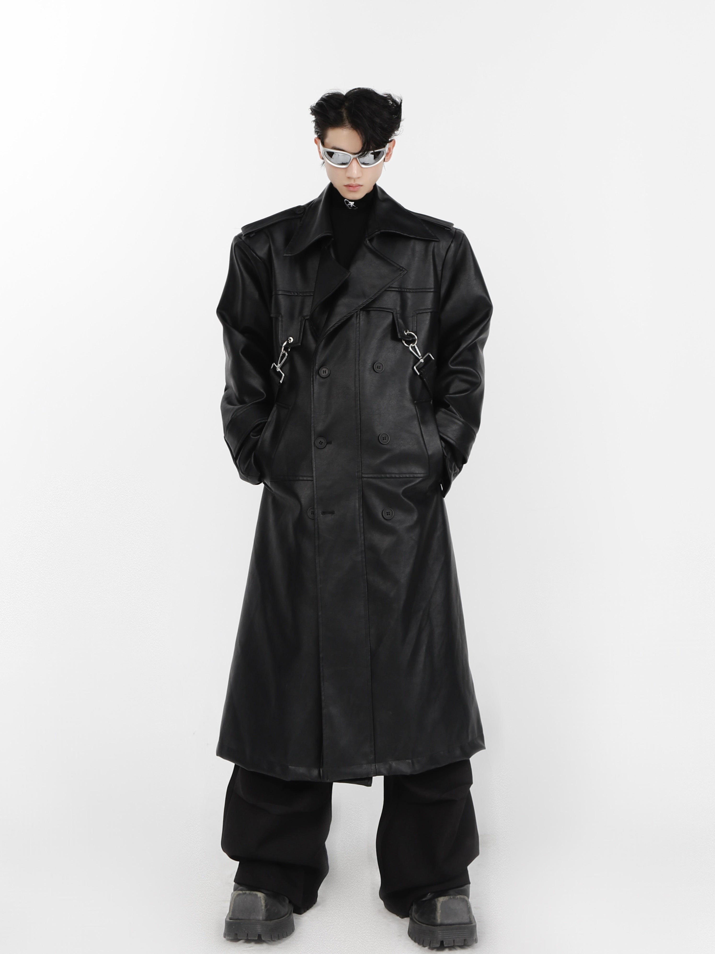 Faux-Leather-Shoulder-Pad-Trench-Coat-with-Metal-Zippers-Black