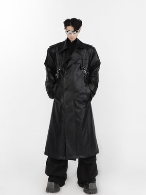 Faux-Leather-Shoulder-Pad-Trench-Coat-with-Metal-Zippers-Black