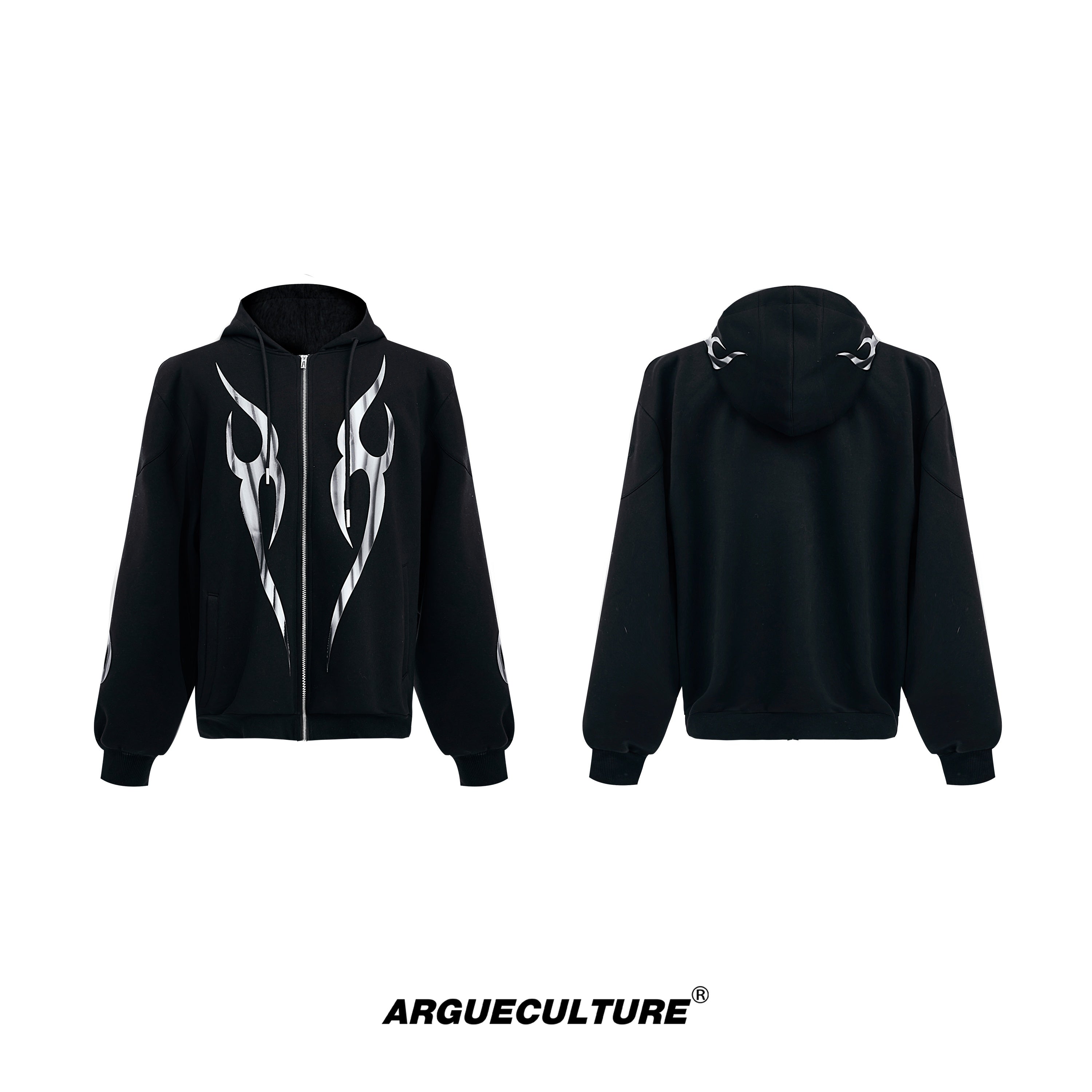 Flame-Print-Hoodie---Oversized-Streetwear-Set---Heavyweight-Black-Top