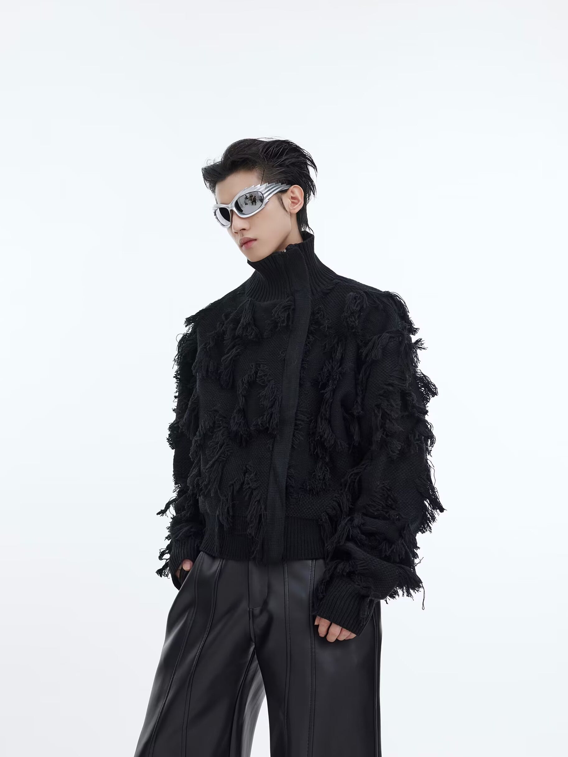 Fringe-Crochet-Knit-Sweater---Thick-Stand-Collar-Zip-Up-Oversized-Black-(Women)