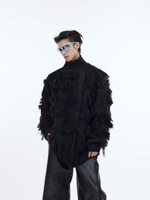 Fringe-Crochet-Knit-Sweater---Thick-Stand-Collar-Zip-Up-Oversized-Black