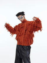 Fringe-Crochet-Knit-Sweater---Thick-Stand-Collar-Zip-Up-Oversized-Orange-(Women)